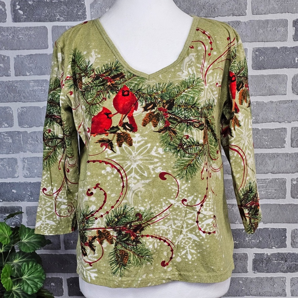 Retro Collections Etc Cardinal Holiday Top M Green Red Bird‎ Pine Y2K Winter Tee